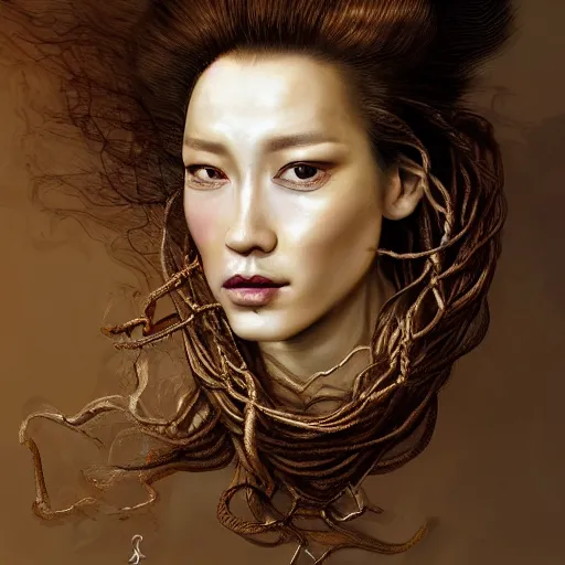Prompt: portrait of a Shibari rope wrapped face and neck, headshot, insanely nice professional hair style, dramatic hair color, digital painting, of a old 18th century, Royal Emperor, amber jewels, baroque, ornate clothing, scifi, realistic, hyperdetailed, chiaroscuro, concept art, art by Franz Hals and Jon Foster and Ayami Kojima and Amano and Karol Bak,
