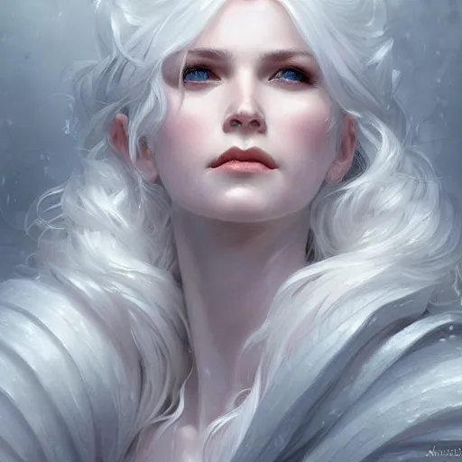 Image similar to portrait of a white-haired winter witch, elegant, intricate, headshot, D&D, fantasy, highly detailed, digital painting, artstation, concept art, sharp focus, illustration, art by artgerm and greg rutkowski and alphonse mucha