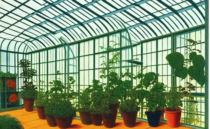 Prompt: an achingly beautiful print of the interior of a modern greenhouse, and one small potted plant by Raphael, Hopper, and Rene Magritte. detailed, romantic, enchanting, trending on artstation.