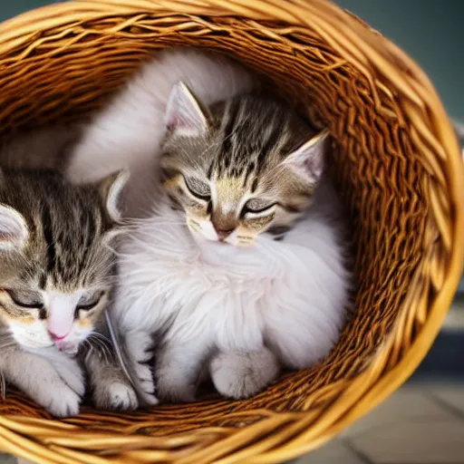 Image similar to two kittens sleeping in a basket, happy, cute