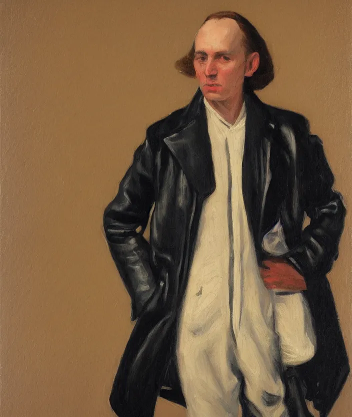 Image similar to a very detailed portrait of a man wearing an 8 0 s jacket with big shoulder pads, very aesthetic leather jacket, detailed closeup of leather jacket, front view, in the style of edward hopper and oswald hornby joseph birley and susan ryder, very small brushstrokes, 4 k,