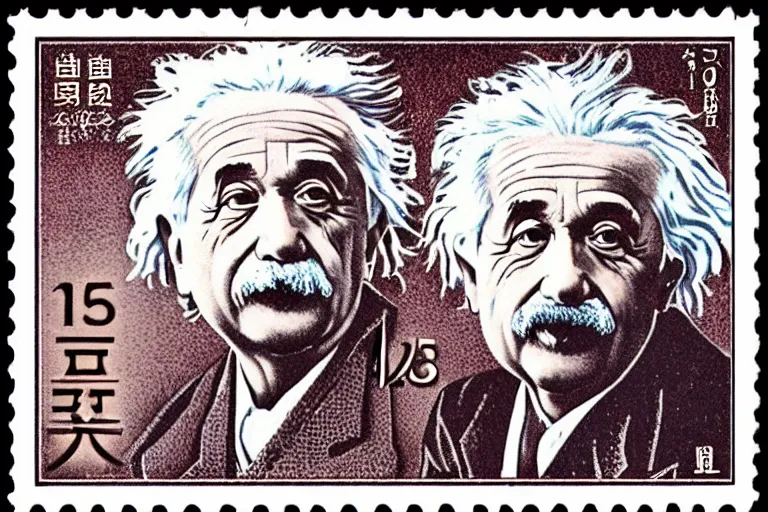 Prompt: engraved japanese postage stamp of albert einstein with theory of relativity, detailed!!! color engraving in the style of a postage stamp, fine!!! lines