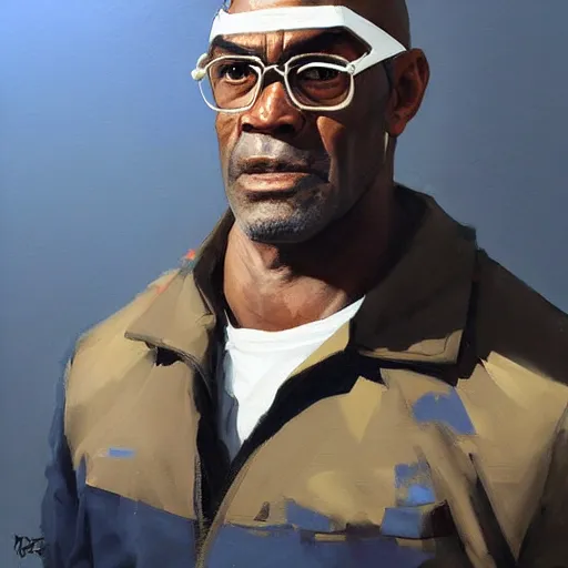 Image similar to greg manchess portrait painting of trevor phillips as overwatch character, medium shot, asymmetrical, profile picture, organic painting, sunny day, matte painting, bold shapes, hard edges, street art, trending on artstation, by huang guangjian and gil elvgren and sachin teng