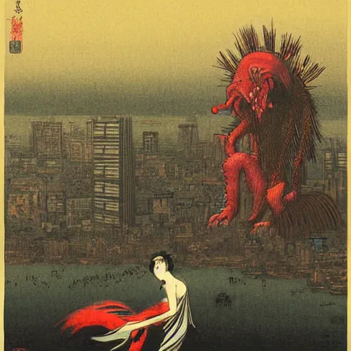 Image similar to A beautiful digital art of a large, monster looming over a cityscape. The monster has several eyes and mouths, and its body is covered in spikes. It seems to be coming towards the viewer, who is looking up at it in fear. Ukiyo e by Odd Nerdrum tranquil