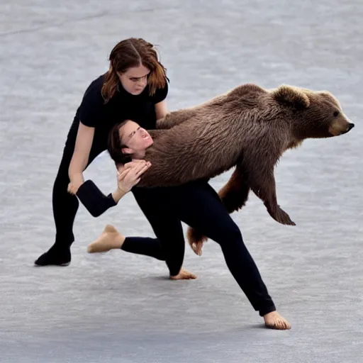 Prompt: emma watson grappling with a bear