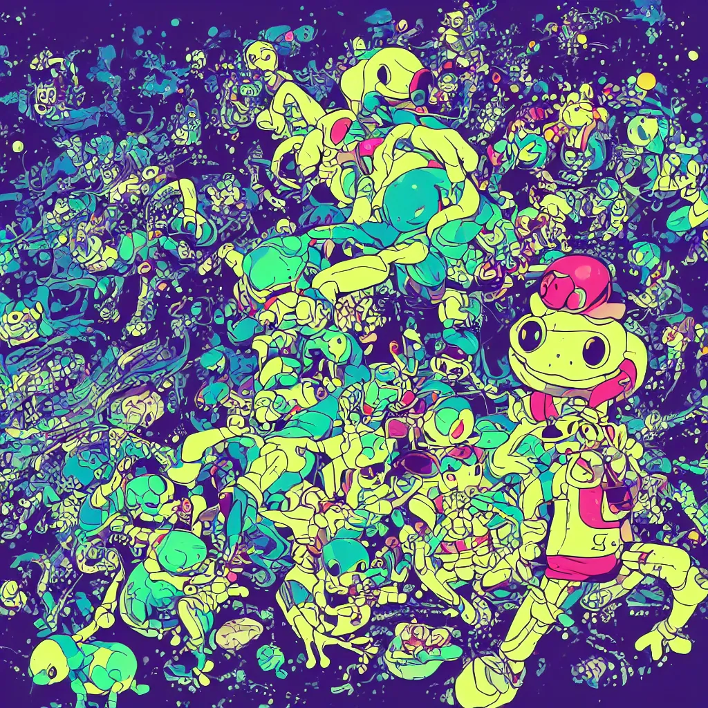 Image similar to toads, frogs, ryuta ueda artwork, breakcore, style of jet set radio, y 2 k, gloom, space, cel - shaded art style, indigo rainbow, data, minimal, takashi murakami artwork, code, cybernetic, dark, eerie, cyber