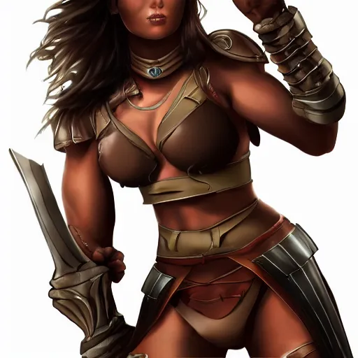 Image similar to female warrior in bikini armor brown skin, digital art, fit body, simple background
