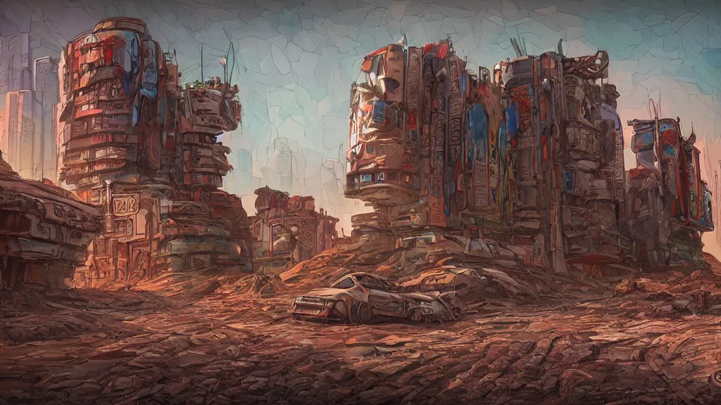 Image similar to an apocalyptic cyberpunk building on mars, pastel, colorful, bright, cartoony, digital art