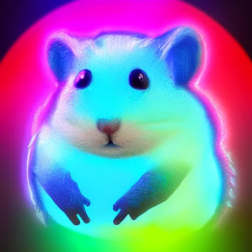 Image similar to cyberpunk hamster! holding rainbow! gem! crystal, neon lights, light reflection, logo, 8 k, hd