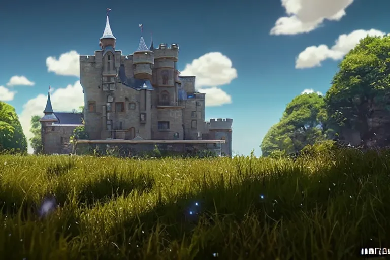 Image similar to game trailer of a semi realistic first person studio ghibli, pixar and disney animation, sharp, shooter game trailer on victorian castle, castle landscape, rendered in unreal engine 5, cinematic lighting, ray tracing, unreal engine 5, photorealistic