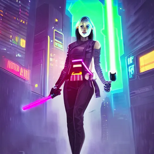 Image similar to a girl holding a lightsaber in a neon cyberpunk city at night, art station, digital art, cinematic, artgerm