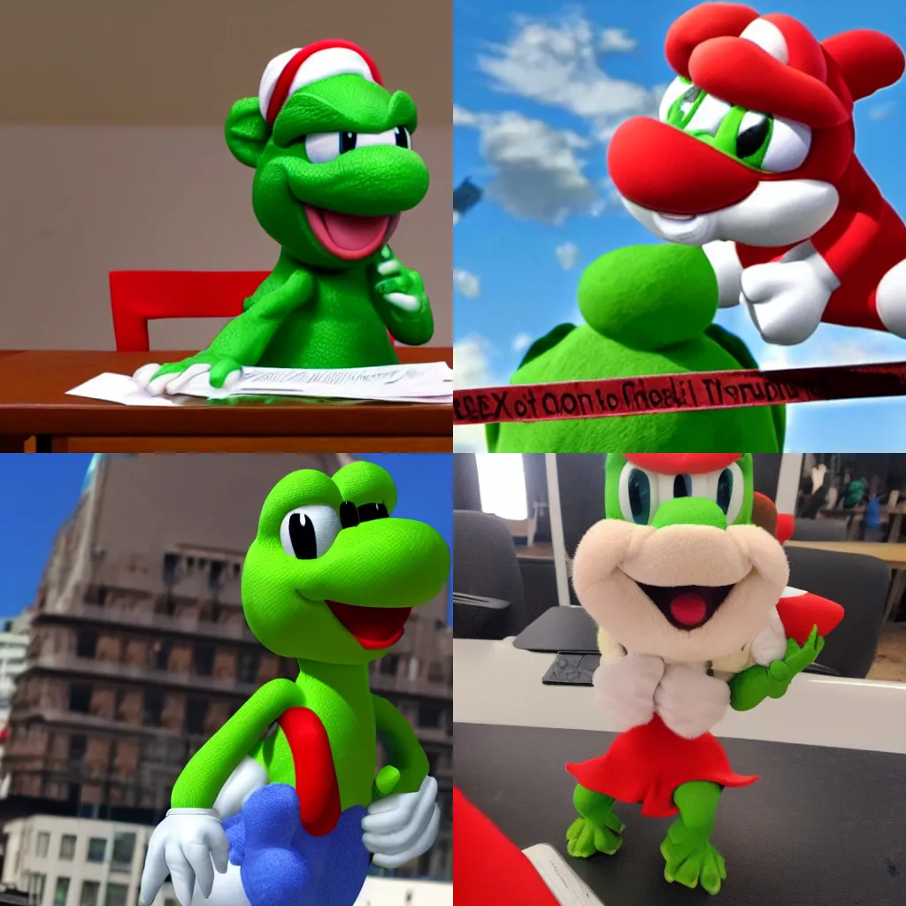 Prompt: yoshi attempting to commit tax fraud