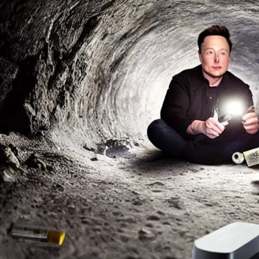 Image similar to Elon musk sitting in a dark cave eating batteries out of his flashlight, photorealistic