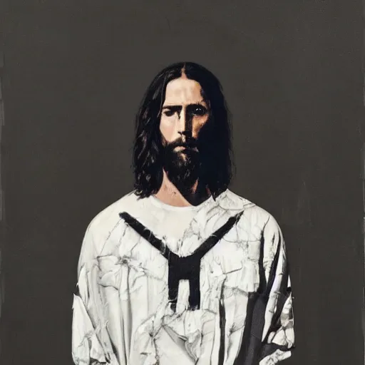 Image similar to a full body lookbook portrait of modern - day jesus wearing virgil abloh off - white menswear and sneaker collection by nicola samori, detailed, realistic oil painting, hyper - realistic, 8 k, off - white collection