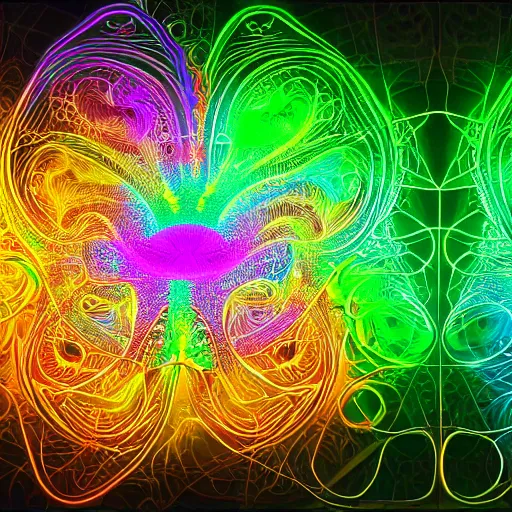 Image similar to highly detailed generative art, irregular fractal of neon octopus, string art by janusz jurek, background outer space nebulas by Pilar Gogar 4k HDR