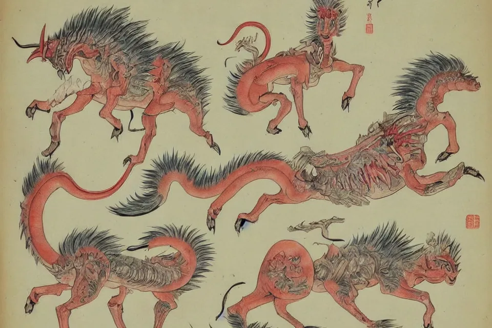 Image similar to Vintage, detailed, colored sketch of mythical creature anatomy, full body, with full descriptions, Chinese painting.