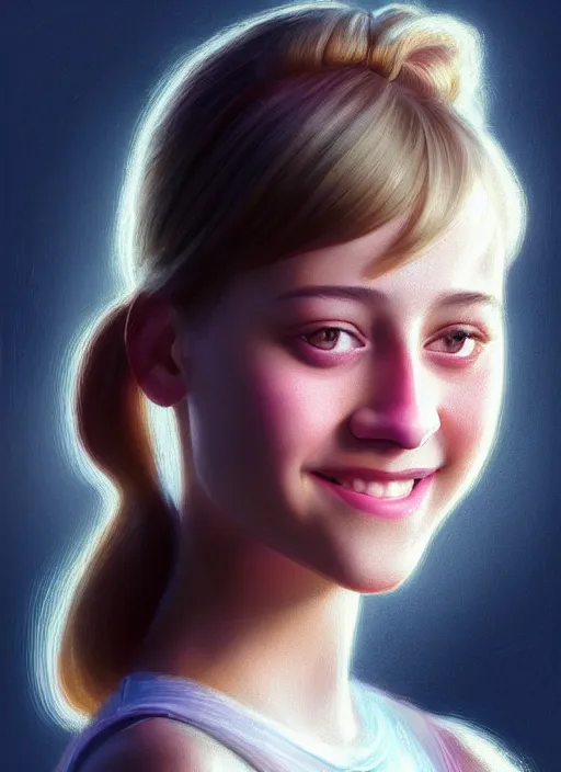 Image similar to portrait of teenage lili reinhart with bangs, smiling kindly, bangs, 1 9 6 0 s, ponytail, bangs and ponytail, intricate, elegant, glowing lights, highly detailed, digital painting, artstation, concept art, smooth, sharp focus, illustration, art by wlop, mars ravelo and greg rutkowski