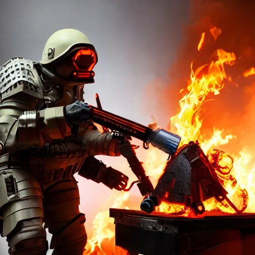 Image similar to angry man in juggernaut armor burning a desktop tower pc with a military flamethrower
