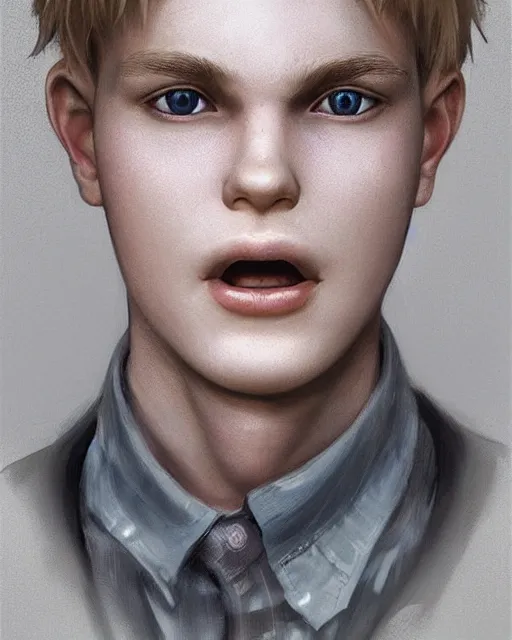 Prompt: portrait of 1 5 - year - old boy with blonde hair, round - face, with slightly buck - toothed, hyper realistic face, beautiful eyes, character art, art by artgerm lau and wlop and and ilya kuvshinov and john singer sargent, hyperdetailed, symmetrical, cryengine, trending on artstation, digital art