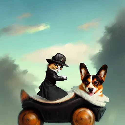 Prompt: tiny cat girl in tiny hat riding on the back of a giant corgi by greg rutkowski