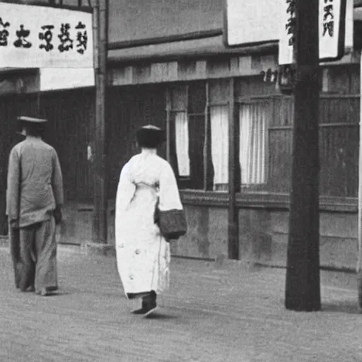 Prompt: grainy vintage photo of a person in modern clothes walking the streets of 1910s Japan