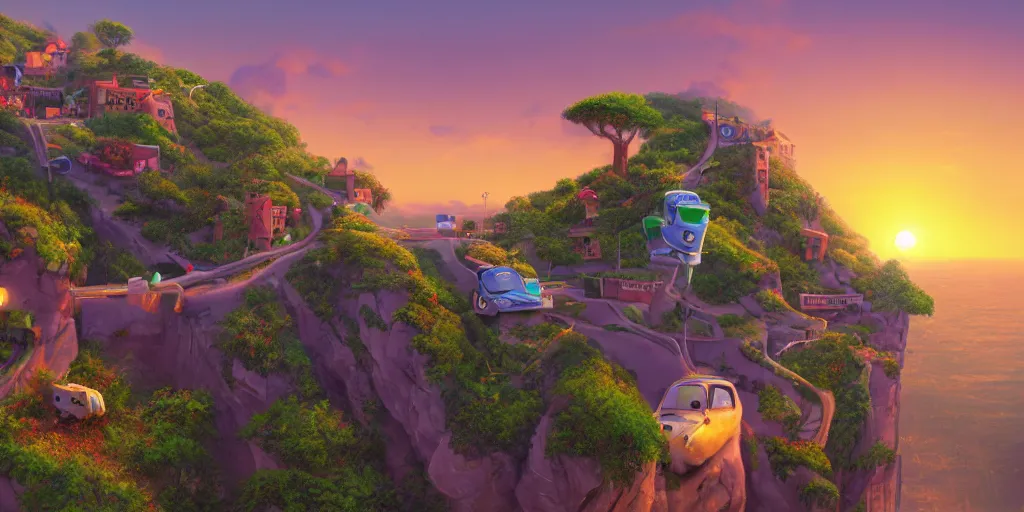 Image similar to epic professional digital art of a lonely street on a cliff over the sea at sunset, highly detailed, pixar movie, in the style of toy story, trending at artstation