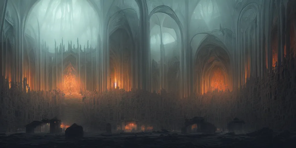 Image similar to breathtaking detailed concept art painting of a dark ritual church in hell, by hsiao - ron cheng, bizarre compositions, exquisite detail, extremely moody lighting, 8 k