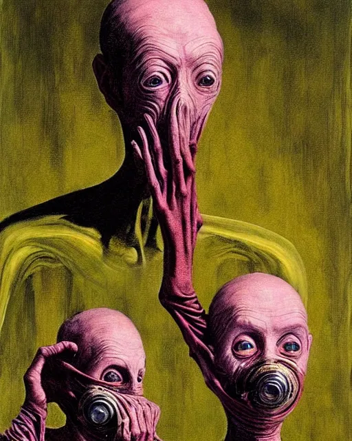 Prompt: two skinny old people with extra limbs, wearing gas masks, bodies wrapped in robes of gold, green and pink, during a biohazard apocalypse, cinematic, dystopian, eerie, horror, gothic, highly detailed painting by Francis Bacon, Beksinski, Esao Andrews, !!!Edward Hopper!!! surrealism, art by Takato Yamamoto and !!!James Jean!!!