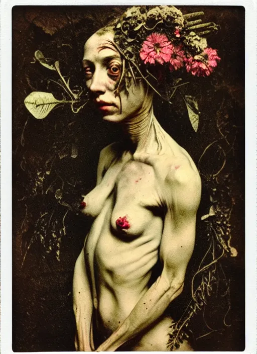 Prompt: beautiful and detailed rotten woman made of plants and many different types of flowers, muscles, intricate, organs, ornate, surreal, john constable, guy denning, gustave courbet, caravaggio, 1 9 1 0 polaroid photo