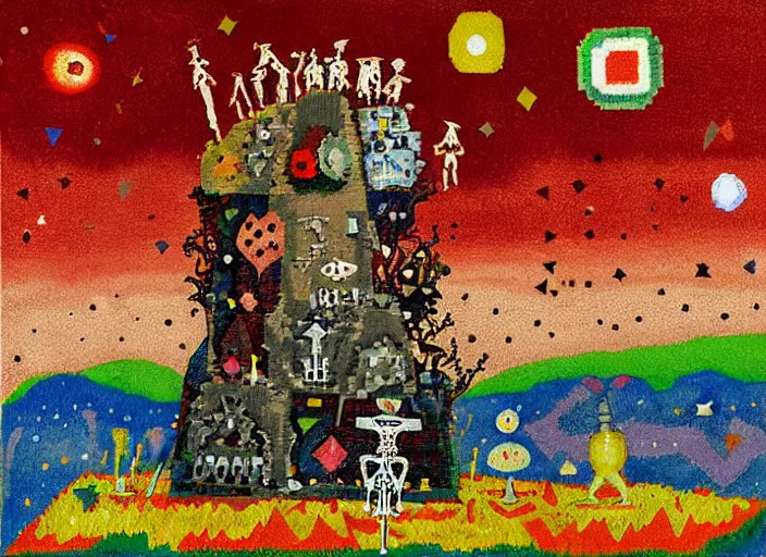 Image similar to pixel decollage painting tarot lovers card composition tower of babel road red armor maggot bear and wonky alien frog skeleton knight on a horse in a dark red cloudy night sky with golden foil jewish stars and diamonds, mountain lake and blossoming field in background, painted by Mark Rothko, Helen Frankenthaler, Danny Fox and Hilma af Klint, pixelated, neo expressionism, semi naive, pastel colors, cinematic, color field painting, cave painting, voxel, pop art look, outsider art, minimalistic. Bill Traylor painting, part by Philip Guston and Francis Bacon. art by Adrian Ghenie, very coherent symmetrical artwork, cinematic, hyper realism, high detail, octane render, unreal engine, Smooth gradients, depth of field, full body character drawing, extremely detailed, 8k, extreme detail, intricate detail, masterpiece