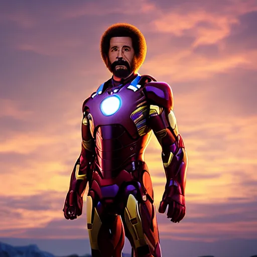 Image similar to a still of Bob Ross as Ironman. Magic Hour. Professional photography, 4K. Mood