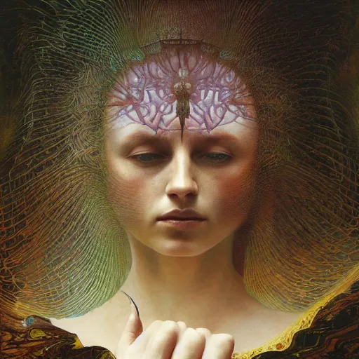 Image similar to queen of jupiter by zdzisław beksinski, iris van herpen, raymond swanland, craig mullins and alphonse mucha. highly detailed, hyper - real, beautiful