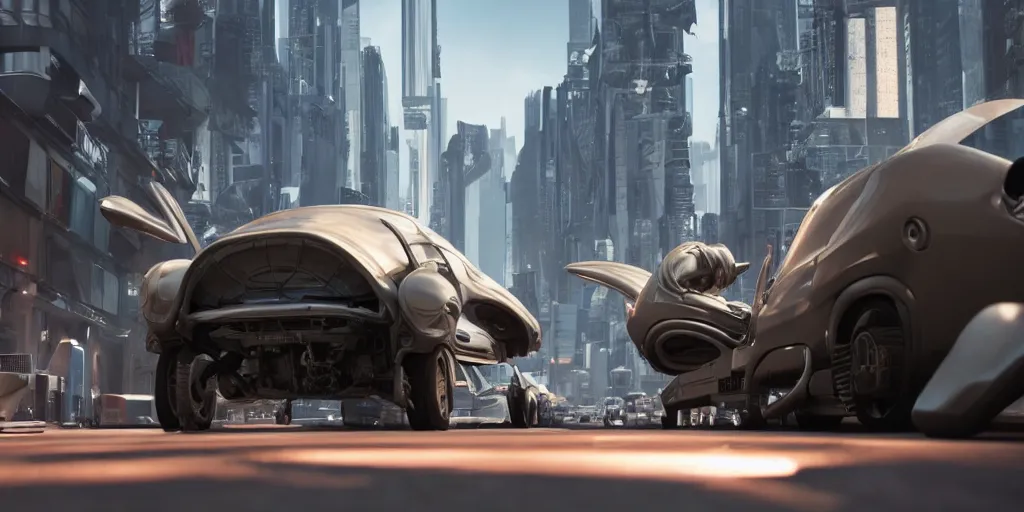 Image similar to low - angle medium shot of a bug space alien from the future on the first day of driver's ed learns to parallel park. 8 k, 4 k, hq, 3 d render, digital art, dramatic lighting, comedy, science fiction, hyper realistic, ultra detailed. style of fifth element ( film )