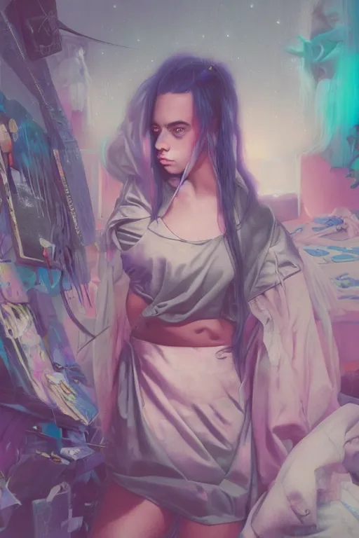 Image similar to billie eilish portrait of a vaporwave girl in a cluttered 9 0 s bedroom, by artgerm, tom bagshaw, gerald brom, vaporwave!, vaporwave colors!, symetrical, 4 k, lo fi colors, lo fi, 4 k, hd,