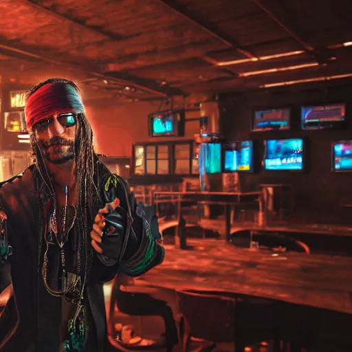 Image similar to high quality portrait of a pirate with four arms in a cyberpunk cyberpunk cyberpunk cafe, realism, 8k, award winning photo