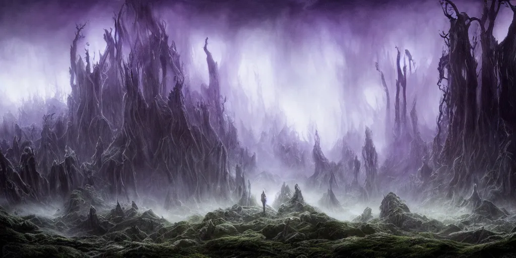 Image similar to evil eldritch lovecraftian scenery landscape, lord of the rings, aurora borealis, mist, monoliths, tentacles, fungal growths, moss highly detailed, bleak color, perfect lighting, perfect composition, 8 k, brian froud, artgerm, derek zabrocki, greg rutkowski