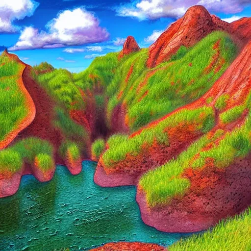 Image similar to digital painting of a lush natural scene on an alien planet by harlew flume. digital render. detailed. beautiful landscape. colourful weird vegetation. cliffs and water.