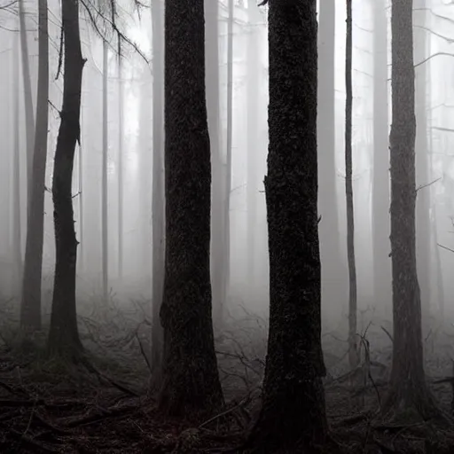 Image similar to i am looking for a horror image that includes a dark, foreboding forest with twisted, gnarled trees. there should be a foggy, ethereal quality to the image, and the light should be dim and eerie. i would like the image to include at least one figure, who should be shrouded in darkness.