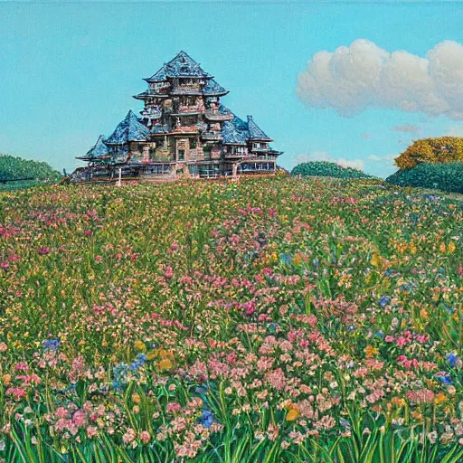 Prompt: a beautiful painting of a large walking turtle castle in a field of flowers by moebius