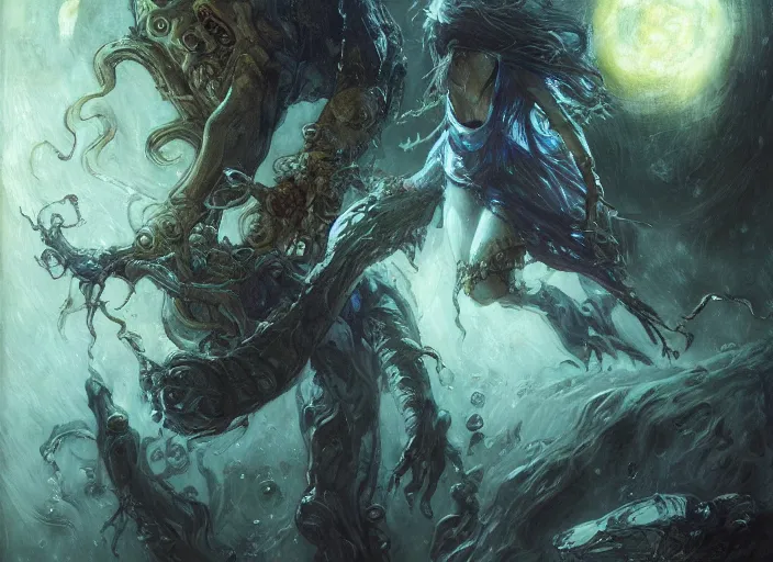 Image similar to my bed giant cthulhu children afraid in the dark moon light by gaston bussiere, anna nikonova aka newmilky, yoji shinkawa, yoshitaka amano, tsutomu niehi, trending on artstation, featured on pixiv, cinematic composition, 8 k