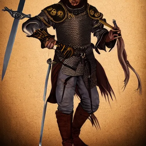 Prompt: full body portrait of a human fighter folk hero with a talking great sword, fantasy, medieval, intricate details, heroic pose, cinematic, hyper realistic, the most normal human ever, tall