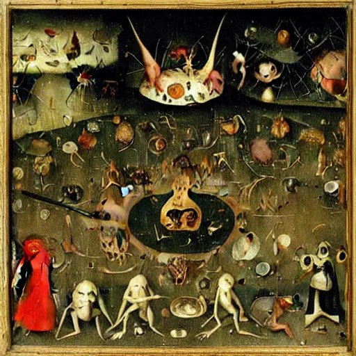 Image similar to a frog dunking over demons boiling a sinner in the garden of earthly delights, hieronymus bosch