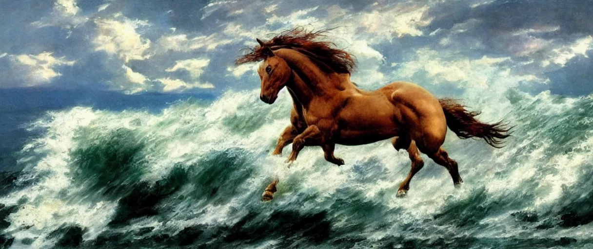 Image similar to horse running along a stormy ocean, large waves, dreamy, painterly, by frank frazetta, vivid colors