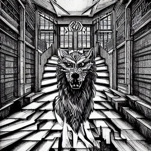 Image similar to a huge howling angry wolf in a huge bright maze of many doorways and lots of stairs, many doorways, inside MC Escher architecture, artstation, Junji Ito, epic composition, detailed background