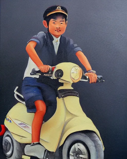 Image similar to asian school boy riding moped, aged oil painting by le pho