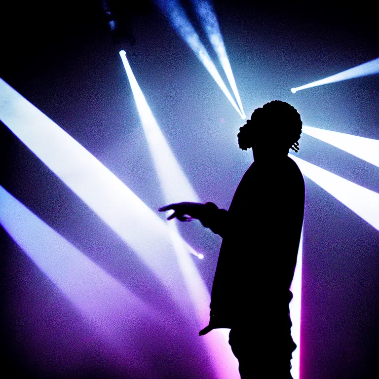 Prompt: rapper rapping, epic angle, profile view, silhouetted, distinct, psychedelic hip-hop, laser light show, beams of light