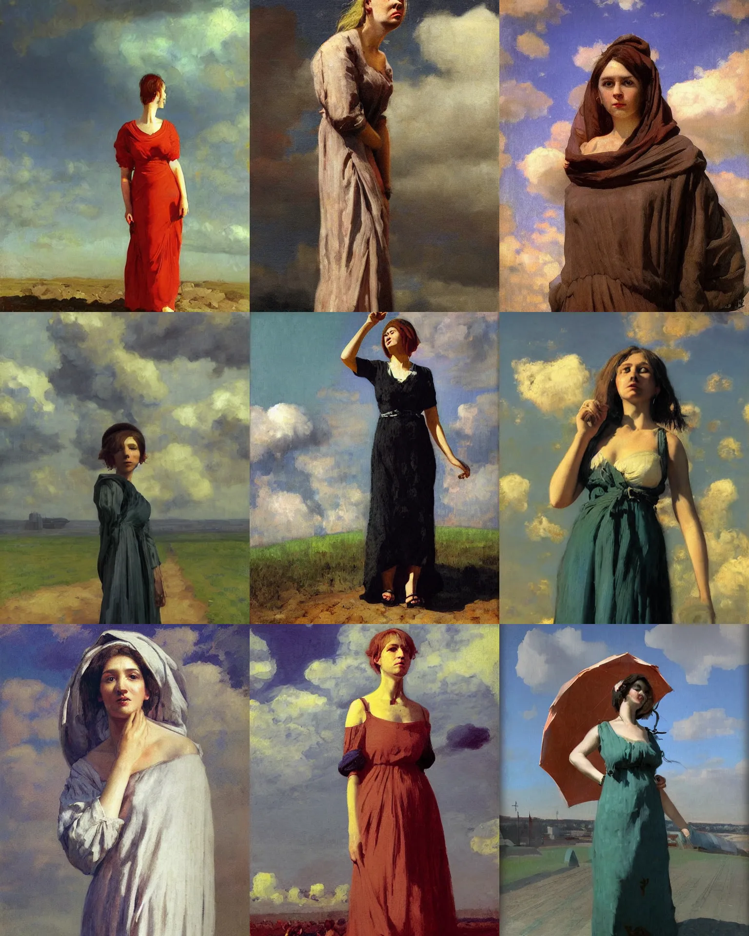 Prompt: woman portrait, female figure in maxi dress, sky, thunder clouds modernism, low poly, industrial, vapor punk, barocco, ilya repin style