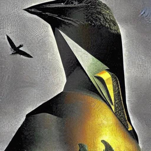 Image similar to the progressive rasterization of a bird from mechanical being to pixels, oil on canvas by dave mckean and ivan shishkin