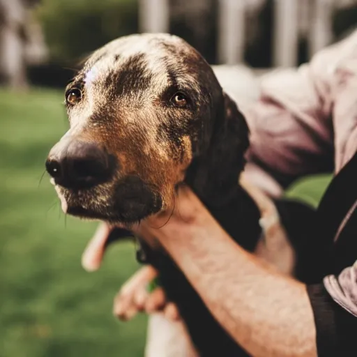 Image similar to [ selfie ]!!! of a man [ caressing a dog ]!!, trending on unsplash, 4 k photorealism, intricately detailed