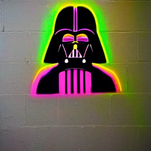 Image similar to a neon rainbow darth vader as grafitti on a brick wall.